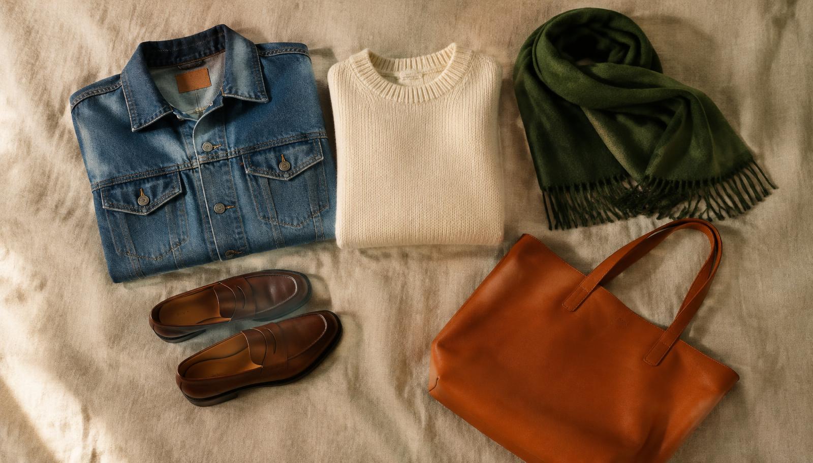 Folded pre-loved denim jacket, knitwear, scarf, loafers and tote bag